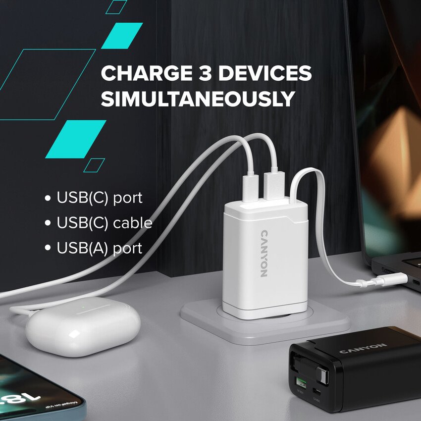 CANYON OnCharge 65RC Zabudovaný kábel USB-C 65W 1xPD 1xQC EU Čierna nabíjačka