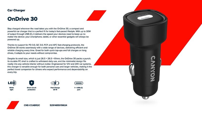 CANYON OnDrive 30 PD30W USB-C Black nabíječka do auta