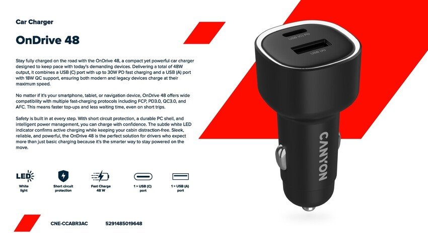 CANYON OnDrive 48 PD48W USB-A+USB-C čierna nabíjačka do auta