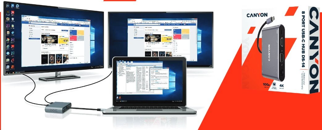 CANYON replikátor portů DS-14 8v1, 1xUSB-C PD 100W, 1xHDMI (4K), VGA, 3xUSB-A 3.0, RJ45 Gb, 3.5mm jack