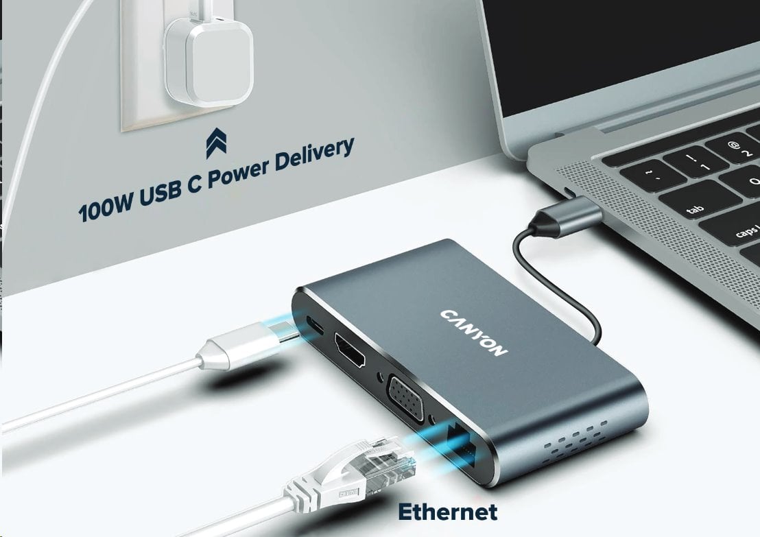 CANYON replikátor portů DS-14 8v1, 1xUSB-C PD 100W, 1xHDMI (4K), VGA, 3xUSB-A 3.0, RJ45 Gb, 3.5mm jack