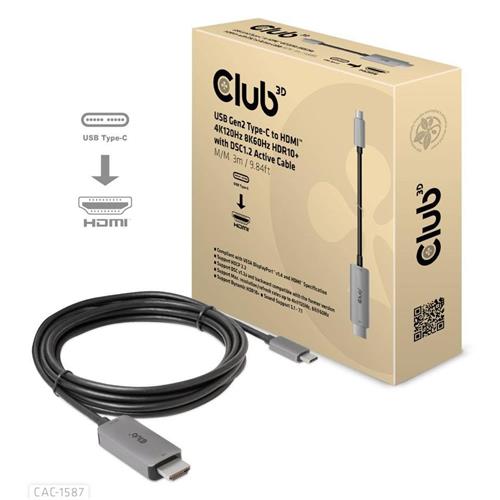 Club3D kábel USB-C na HDMI, 4K120Hz 8K60Hz HDR10 s DSC1.2, aktívny kábel, M/M, 3 m