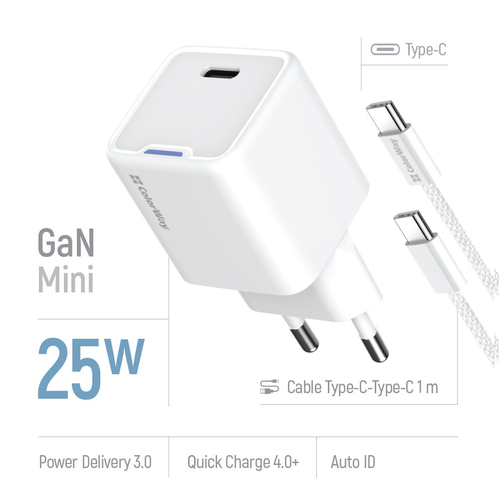ColorWay 1x USB-C/ síťová nabíječka/ GaN/ PD/ PPS/ 25W, Bílá