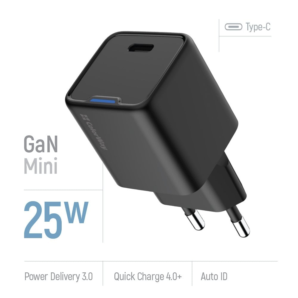ColorWay 1x USB-C/ síťová nabíječka/ GaN/ PD/ PPS/ 25W/ Černá
