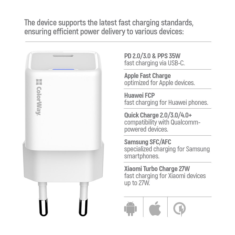 ColorWay 1x USB-C/ síťová nabíječka/ GaN/ PD/ PPS/ 35W, Bílá