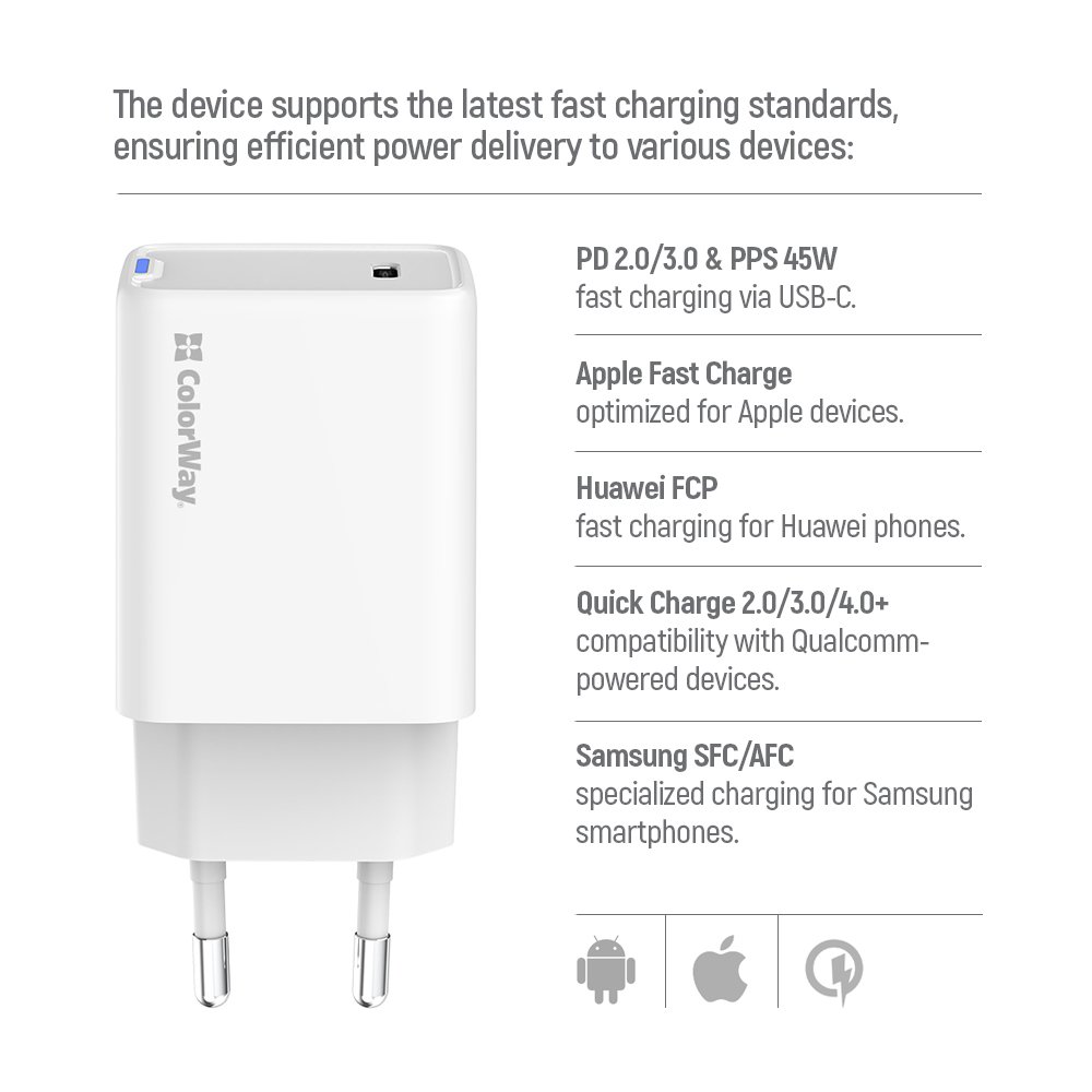 ColorWay 1x USB-C/ síťová nabíječka/ GaN/ PD/ PPS/ 45W/ Bílá