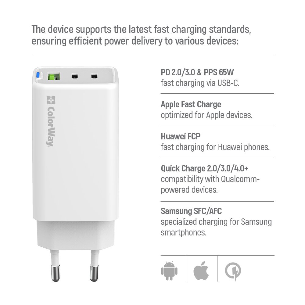 ColorWay 2x USB-C, 1x USB-A/ Sieťová nabíjačka/ GaN/ PD/ PPS/ 65W/ Biela