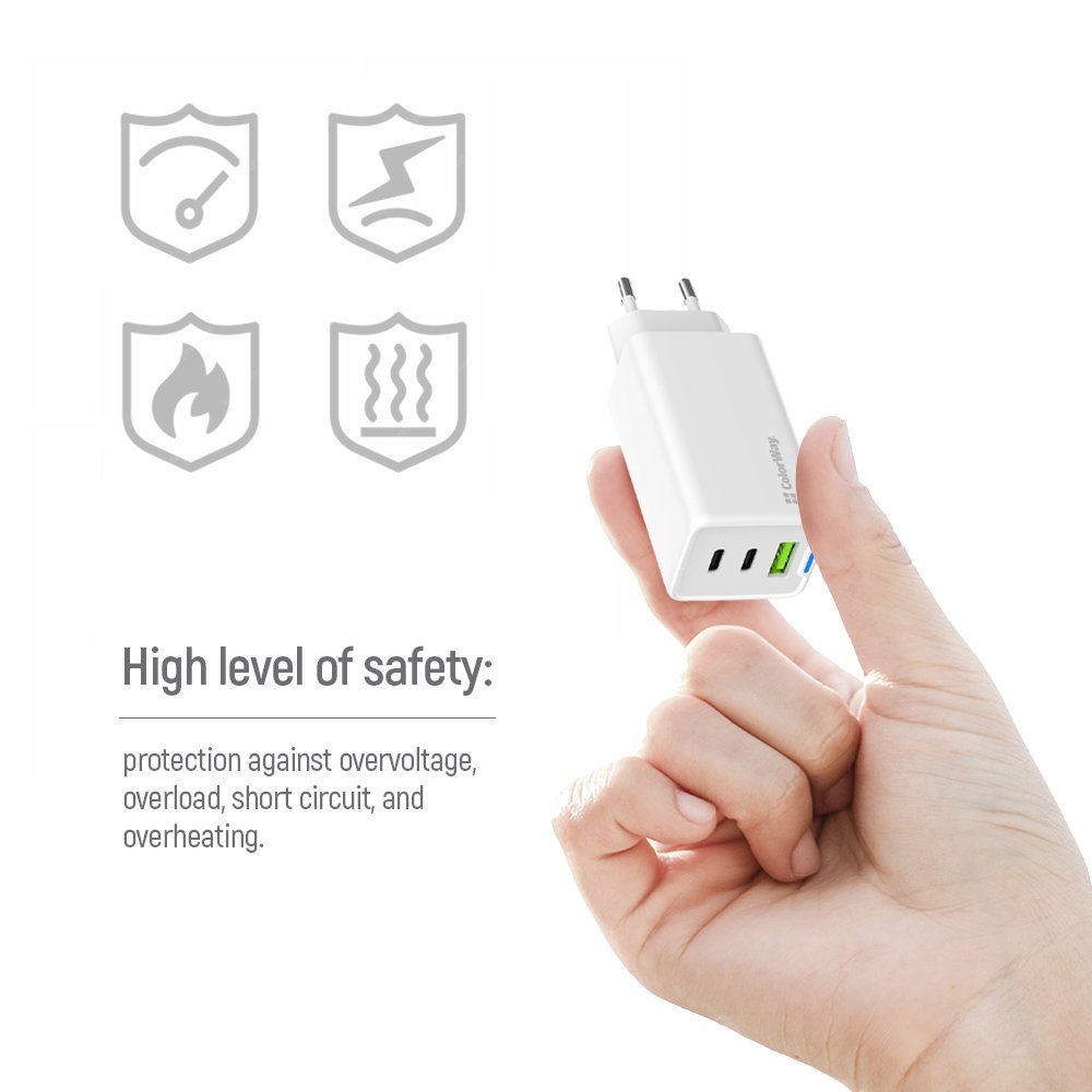 ColorWay 2x USB-C, 1x USB-A/ Sieťová nabíjačka/ GaN/ PD/ PPS/ 65W/ Biela