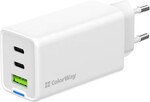 ColorWay 2x USB-C, 1x USB-A/ sieťová nabíjačka/ GaN/ PD/ PPS/ 65W, biela