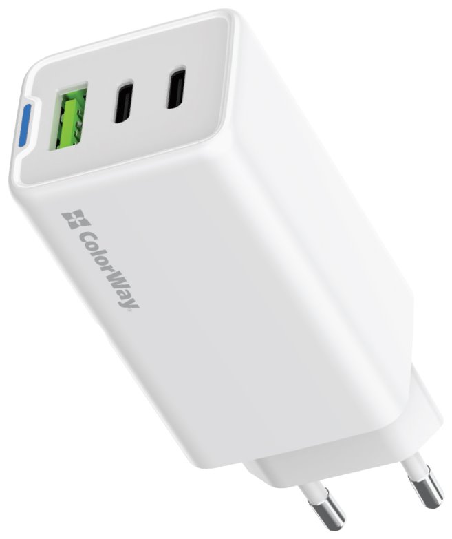ColorWay 2x USB-C, 1x USB-A/ Sieťová nabíjačka/ GaN/ PD/ PPS/ 65W/ Biela