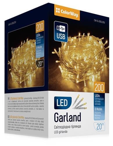 ColorWay LED reťaz / interiér / 200 LED diód / dĺžka 20 m / teplá biela / 8 funkcií / napájanie cez USB