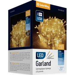 ColorWay LED řetěz/ vnitřní / 200 LED / délka 20m / teplá bílá/ 8 funkcí/ napájení USB