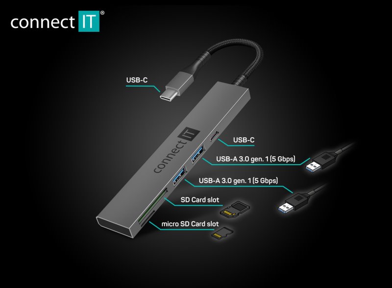 CONNECT IT CompactPRO USB-C hub + čítačka kariet, (2xUSB-A 3.0, 1xUSB-C), externý, antracitová
