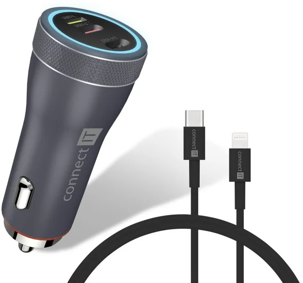 CONNECT IT InCarz DUPLEX nabíjačka do auta, 2x USB-C, 1x Lightning, ANTRACITE
