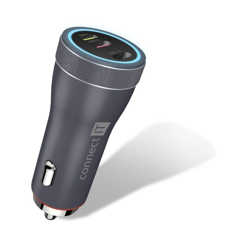 CONNECT IT InCarz DUPLEX nabíječka do auta, 2x USB-C, 1x Lightning,  ANTRACITOVÁ