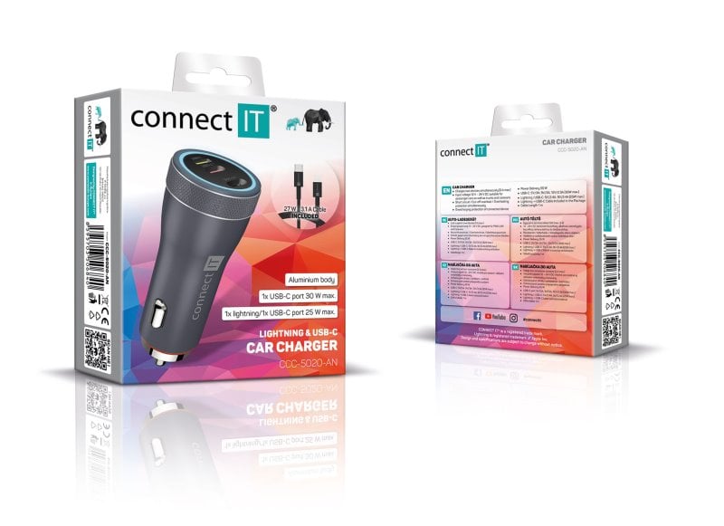 CONNECT IT InCarz DUPLEX nabíječka do auta, 2x USB-C, 1x Lightning,  ANTRACITOVÁ