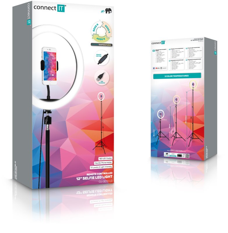 CONNECT IT Selfie12Ring kruhové 12" LED svetlo na statív 2,1 m