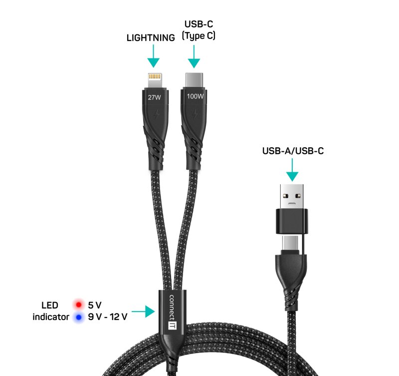 CONNECT IT Wirez 4v1 1x USB-C, 1x Lightning, 1,25 m, ČIERNA