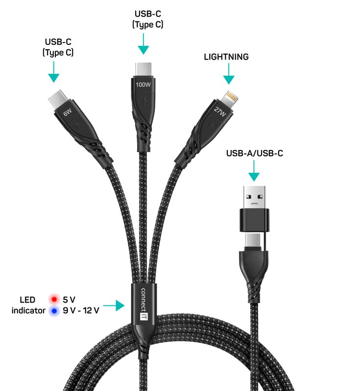 CONNECT IT Wirez 6v1 2x USB-C, 1x Lightning, 1,25 m, ČIERNA