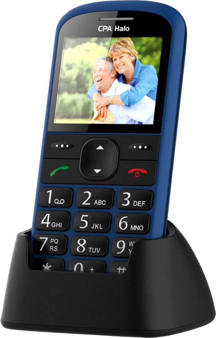 CPA Halo 21 Senior modrý telefón s nabíjacím stojanom