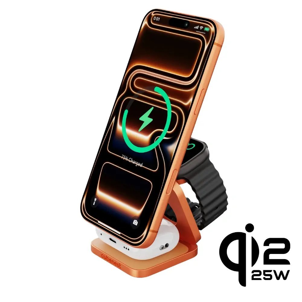 Cubenest 3v1 Qi2.2 Skladacia bezdrôtová magnetická nabíjačka SQ312 Ultra Orange