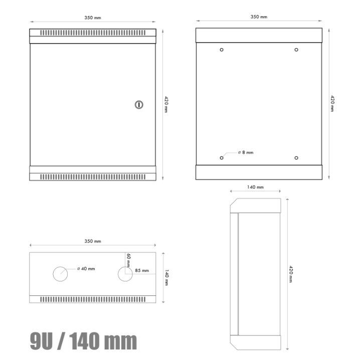 DATACOM 10" nástenná skrinka 9U/140 mm (plech) čierna