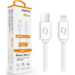 Dátový kábel ALIGATOR POWER 30W, USB-C/Lightning 3A, 0,5 m biely