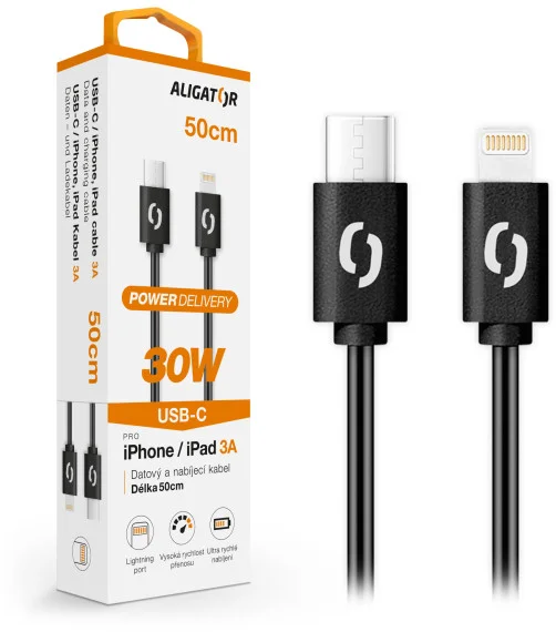 Dátový kábel ALIGATOR POWER 30W, USB-C/Lightning 3A, 0,5 m čierny