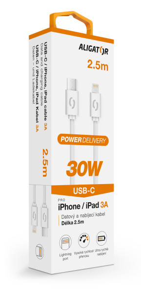 Dátový kábel ALIGATOR POWER 30W, USB-C/Lightning 3A, 2,5 m biely
