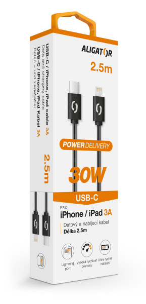 Datový kabel ALIGATOR POWER 30W, USB-C/Lightning 3A, 2,5m černý