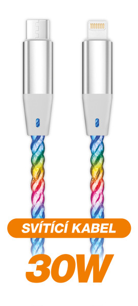 Dátový kábel ALIGATOR POWER 3A 30W, USB-C/Lightning, 1,2 m svetelný