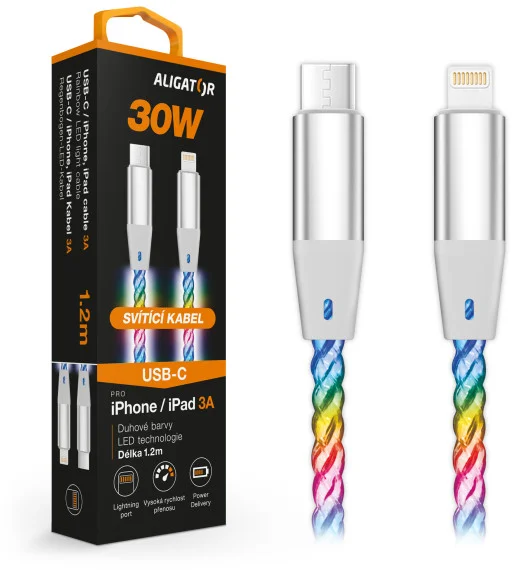 Dátový kábel ALIGATOR POWER 3A 30W, USB-C/Lightning, 1,2 m svetelný