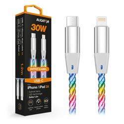 Datový kabel ALIGATOR POWER 3A 30W, USB-C/Lightning, 1,2m svítící