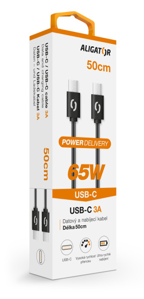Dátový kábel ALIGATOR POWER 65W, USB-C/USB-C 3A, 0,5 m čierny