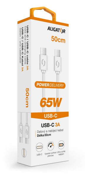 Dátový kábel ALIGATOR POWER 65W, USB-C/USB-C 3A, 0,5m biely
