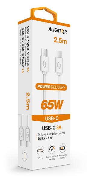 Dátový kábel ALIGATOR POWER 65W, USB-C/USB-C 3A, 2,5 m biely
