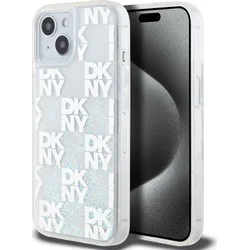DKNY Liquid Glitter Checkered Pattern Zadný kryt pre iPhone 15 Transparent