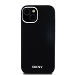 DKNY Liquid Silicone Silver Metal Logo Magsafe zadný kryt pre iPhone 15 Black