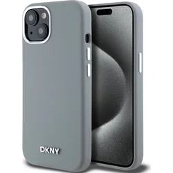 DKNY Liquid Silicone Silver Metal Logo Magsafe zadný kryt pre iPhone 15 Grey