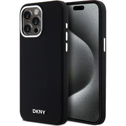 DKNY Liquid Silicone Silver Metal Logo Magsafe zadný kryt pre iPhone 15 Pro Max Black