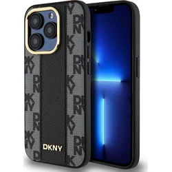 DKNY PU kožený károvaný vzor Magsafe zadný kryt pre iPhone 15 Pro Max Black