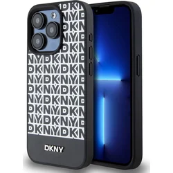 DKNY PU kožený zadný kryt MagSafe s opakovaným vzorom pre iPhone 14 Pro Black