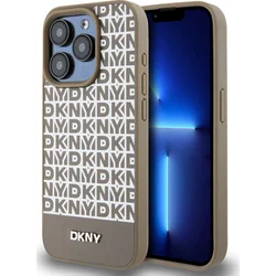DKNY PU kožený zadný kryt MagSafe s opakujúcim sa vzorom na spodnej strane pre iPhone 13 Pro Brown