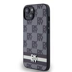 DKNY PU kožený zadný kryt s károvaným vzorom a pruhmi pre iPhone 13 Black