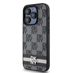 DKNY PU kožený zadný kryt s károvaným vzorom a pruhmi pre iPhone 15 Pro Black