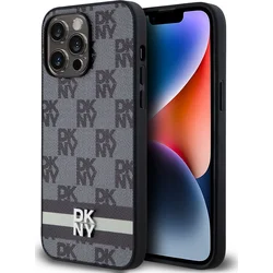 DKNY PU kožený zadný kryt s károvaným vzorom a pruhmi pre iPhone 15 Pro Max Black