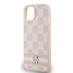 DKNY PU kožený zadný kryt s kockovaným vzorom a pruhmi pre iPhone 13 Pink
