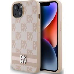 DKNY PU kožený zadný kryt s kockovaným vzorom a pruhmi pre iPhone 13 Pink