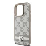 DKNY PU kožený zadný kryt s kockovaným vzorom a pruhmi pre iPhone 13 Pro Beige