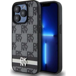 DKNY PU kožený zadný kryt s kockovaným vzorom a pruhmi pre iPhone 13 Pro Black